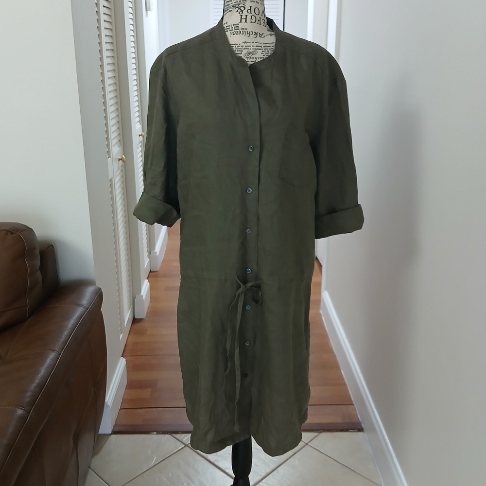 JAMES PERSE  linen button down dress drawstring‎ waist olive green
